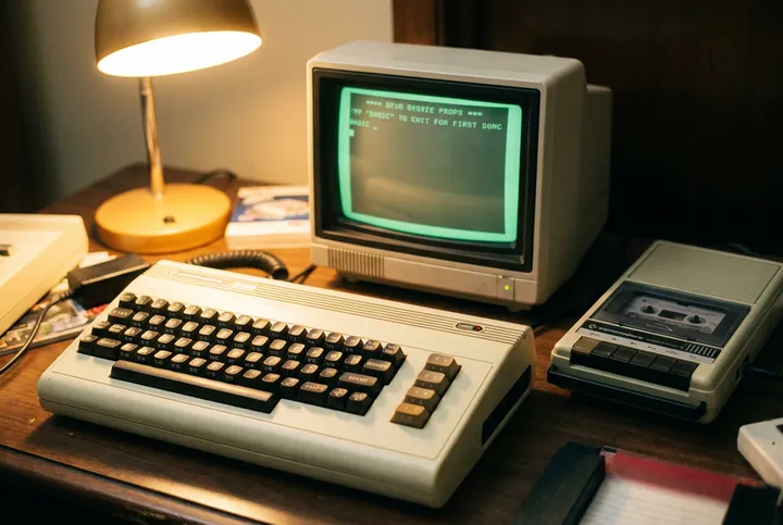 Beige early-1980s home computer on a wooden desk under warm lamp light