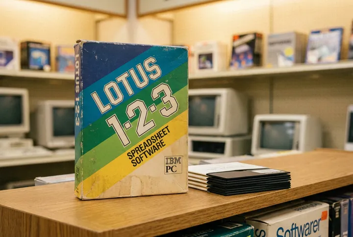Vintage Lotus 1-2-3 spreadsheet software box on a store shelf