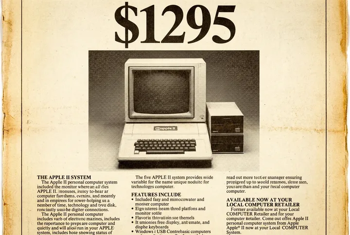 Aged newspaper advertisement for an Apple II computer priced at $1,295