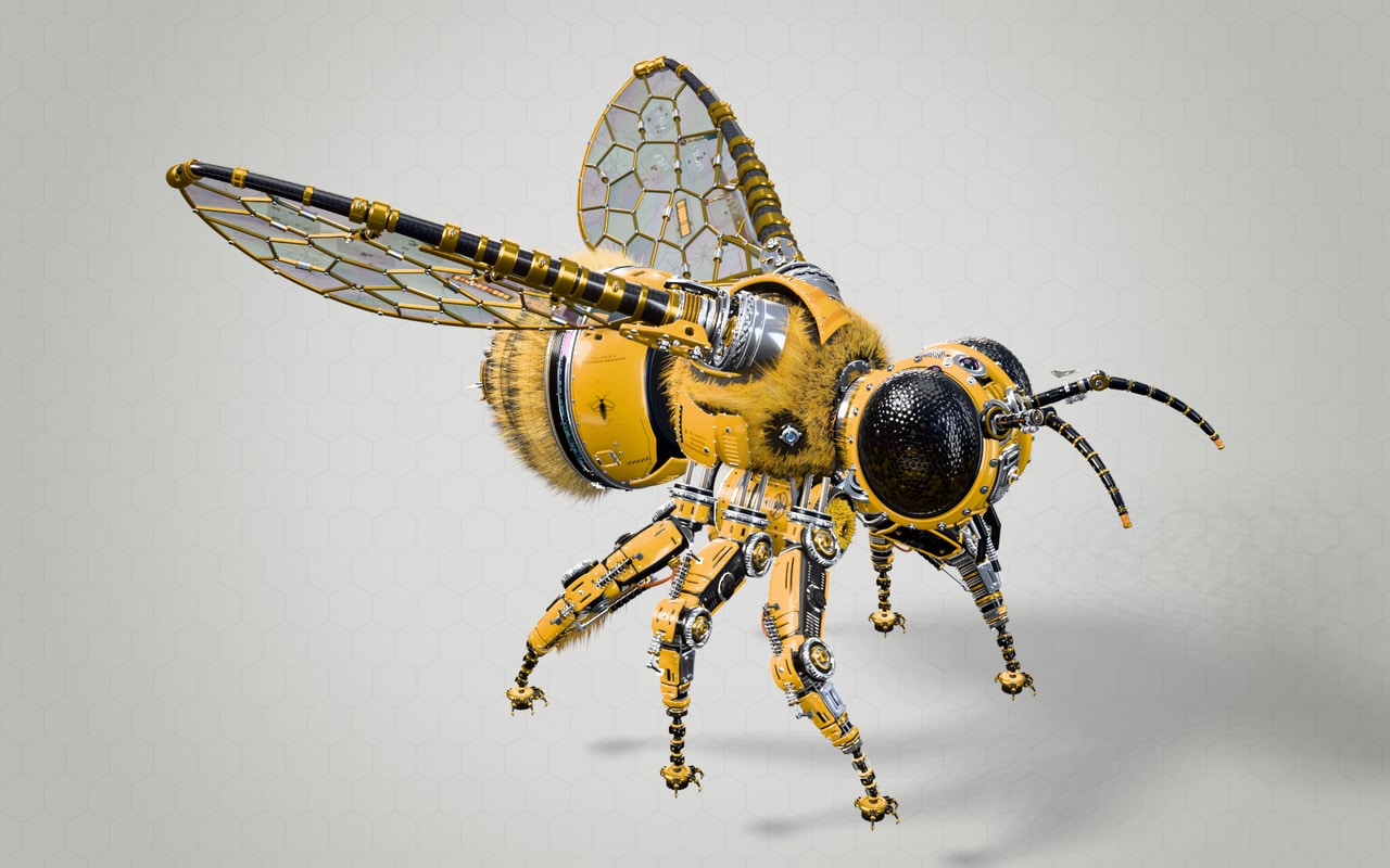 Actual APX-9 3D exhibit: densely furred yellow-and-black mechanical bumblebee with dark compound eyes, metallic joints, six articulated legs and gold-veined transparent wings