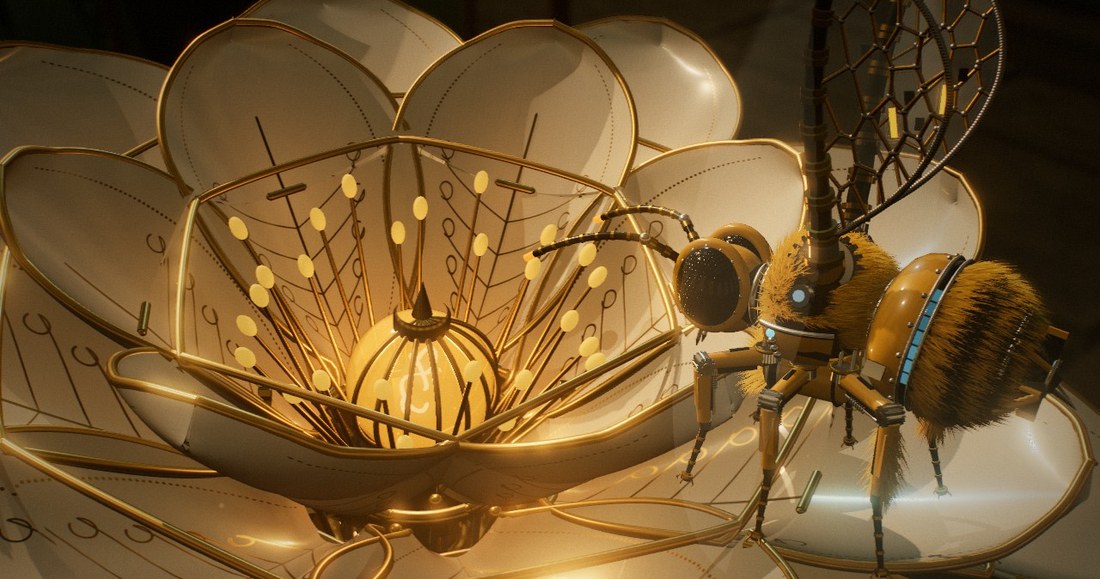 Actual Clockwork Garden frame: the yellow-and-black APX-9 mechanical bee with gold-veined glass wings beside an open porcelain flower with glowing brass stamens
