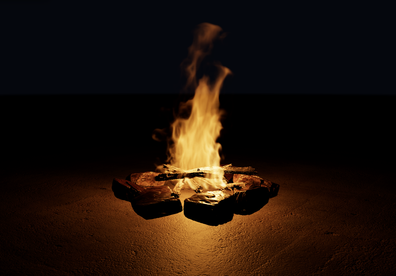 Campfire with bright orange flames, glowing logs and rolling smoke, supplied by the Fire Pro project