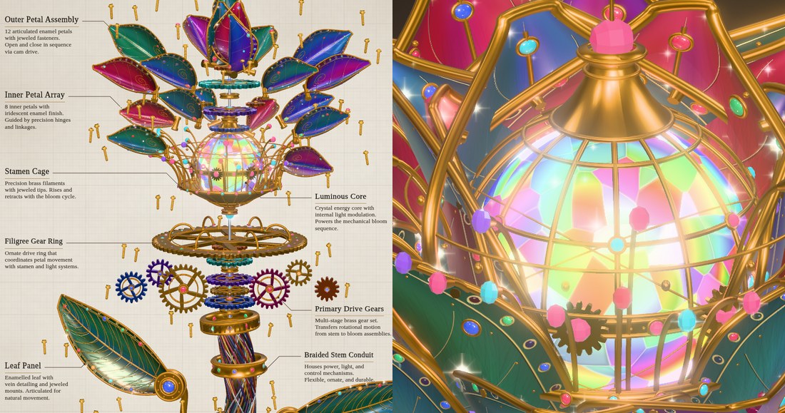 Actual Mechanical Flower demo: on the left the exploded view with enamel petals, brass stamen cage, glowing core and gear ring floating apart on parchment; on the right the assembled flower in bloom on a dark backdrop