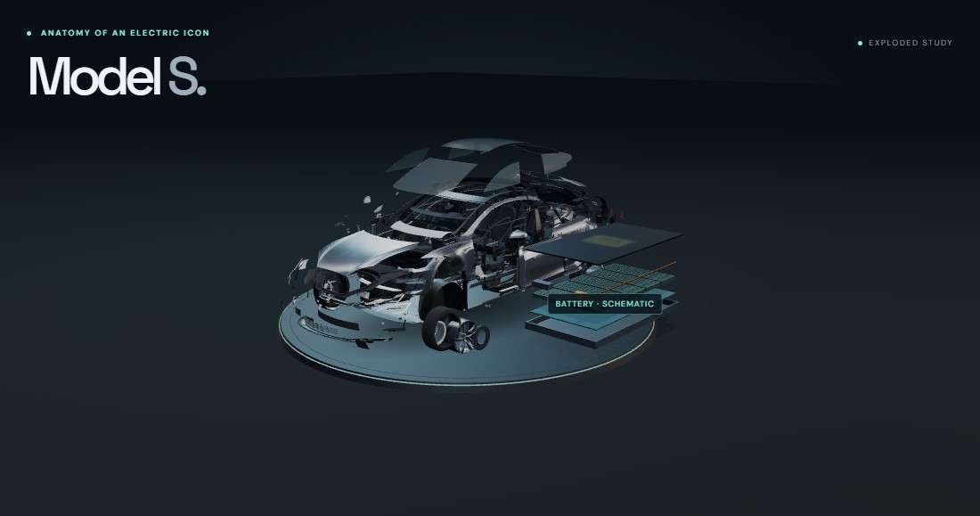 Actual Model S Studio showing a silver Tesla Model S Plaid with separated body panels, glass, wheels, cabin surfaces and an added schematic battery
