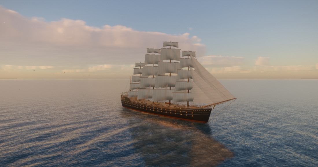 A detailed navy-hulled three-masted schooner sailing across a blue simulated ocean