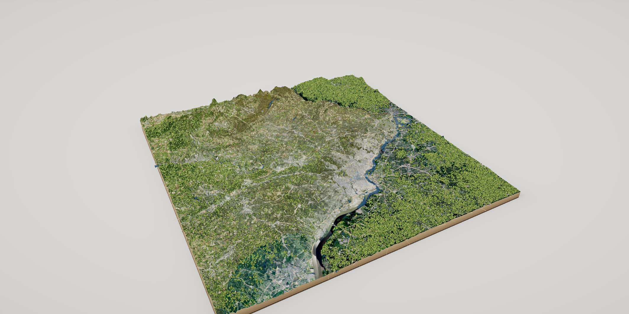 The live Philadelphia Relief diorama: wooded terrain, rivers and a raised cutaway base on a light backdrop