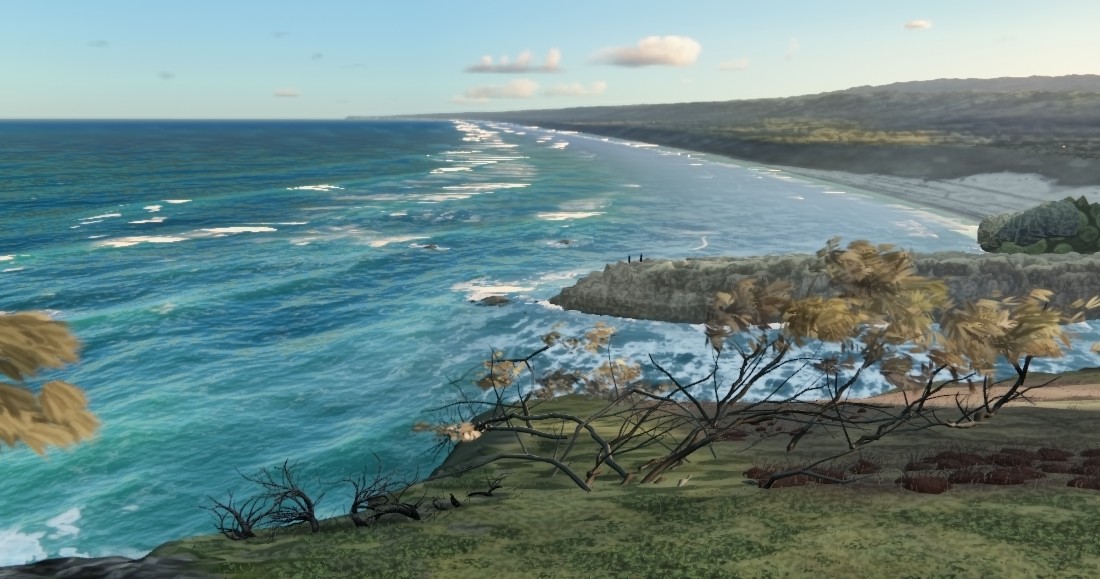 Actual Point Lookout demo showing blue ocean, foaming surf, a curving beach and windswept headland vegetation