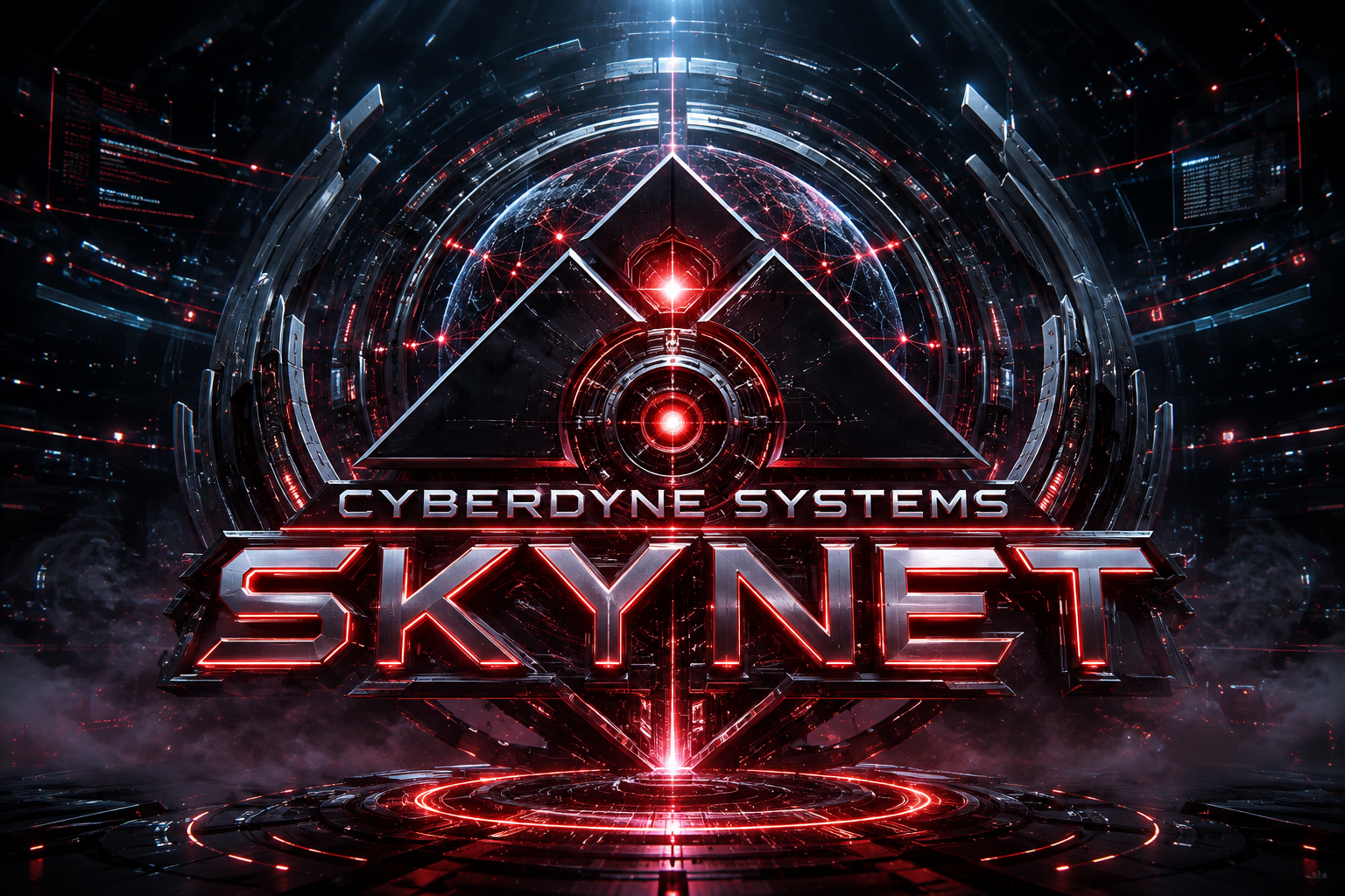 Original chrome and red Skynet logo reference